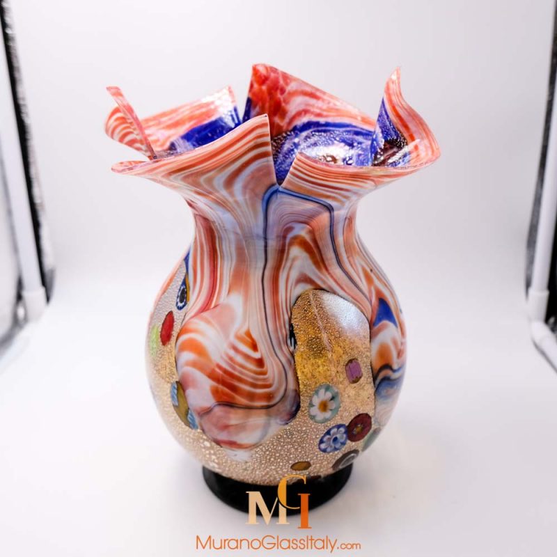 Vase En Verre De Murano Bleu Azur - Modèle Chêne, 21x28 Cm, Artisanal Italie, Neuf Avec Certificat