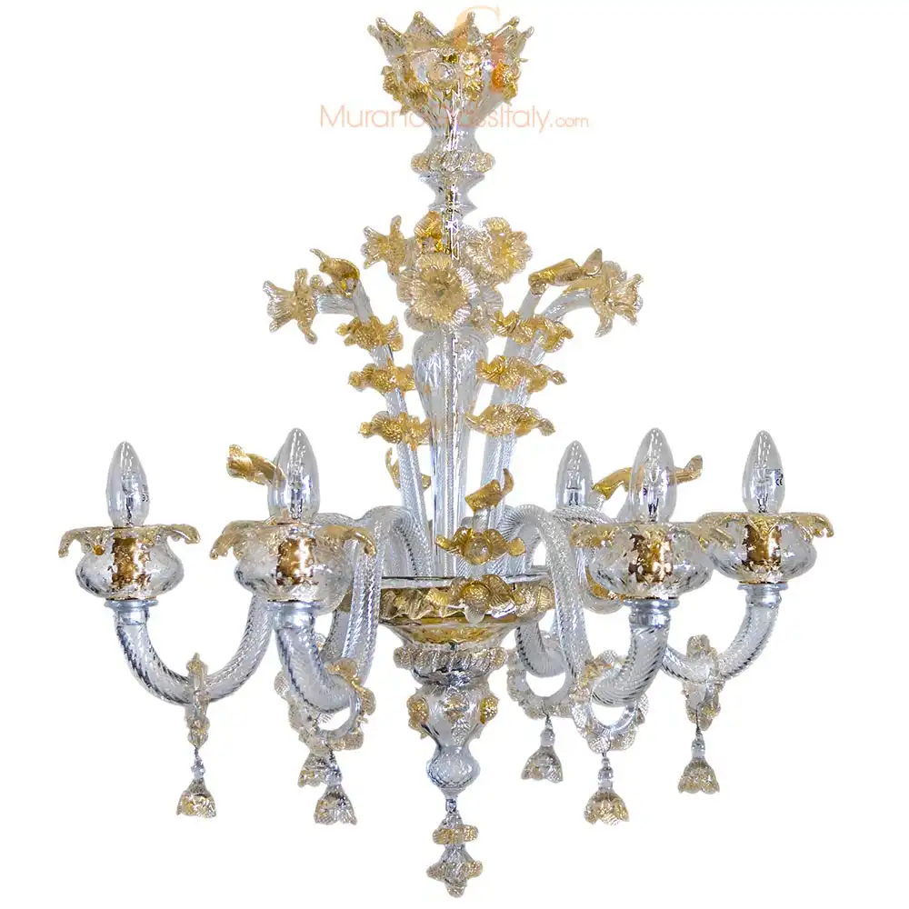Perla - Chandelier Italian - Front View Italian Murano chandelier with twisted clear glass arms, golden floral details, and flame-shaped glass bulbs, handcrafted in Venice.