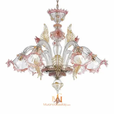 Glass flower chandelier with pink and gold Murano glass details, featuring curved arms, leaf accents, and delicate floral-shaped shades.