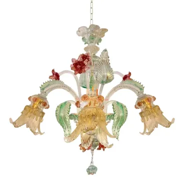 Italian glass lighting chandelier with multicolored Murano glass in gold, green, and red, featuring floral arms and detailed glasswork.