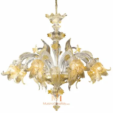 Italian glass lighting chandelier with gold-toned Murano glass, featuring floral arms and detailed handcrafted glass petals.