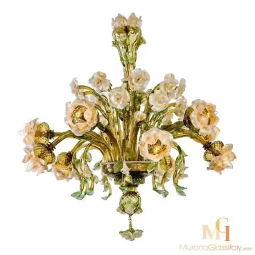 Luxurious Murano glass chandelier featuring intricate green and gold accents, adorned with delicate handcrafted glass flowers and leaves, creating an elegant floral-inspired lighting centerpiece.