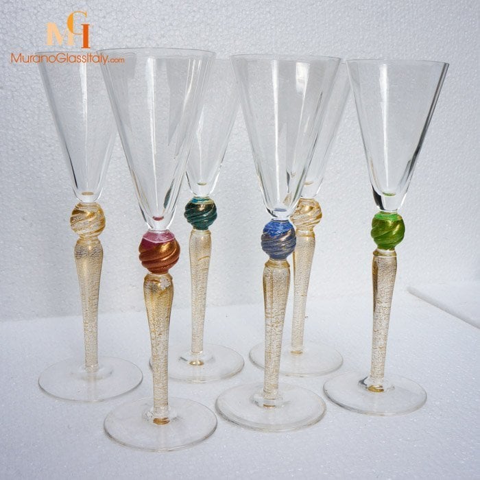 Venetian Crystal Glass Champagne Flutes With 24 Karat Gold