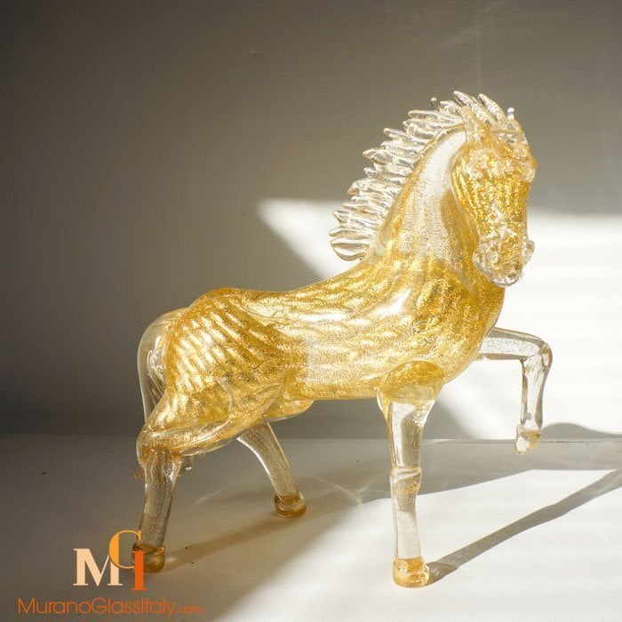 Venetian Crystal Glass Horse Sculpture With 24 Karat Gold