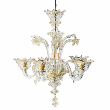 One of our Venetian chandeliers in clear Murano glass with twisted arms, gold-infused floral detailing, and scalloped light cups.