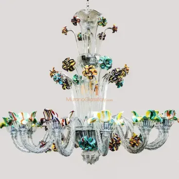 Colorful glass blown chandelier featuring clear twisted arms and multicolored Murano glass flower details in yellow, green, blue, and red.