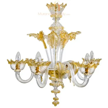 Luxurious Venetian chandeliers with twisted Murano glass arms, gold detailing, and intricate floral elements in a classic design.