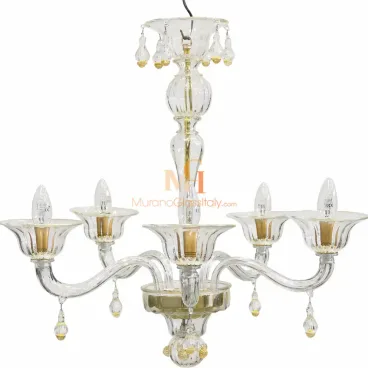 Elegant clear Murano glass chandelier with upward-curved arms, gold accents, flared glass cups shaped like petals, and hanging crystal teardrop pendants.