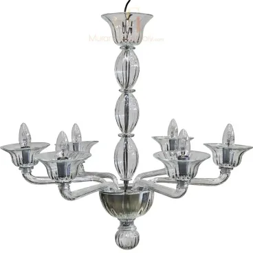 Modern Glass Blown Chandelier crafted from clear Murano glass, featuring upward curved arms, a ribbed glass stem, flared glass cups, and a sculpted glass base.