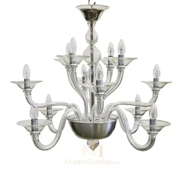 Modern all-glass Murano chandelier with clear curved arms, candle-style bulbs, and a polished metal center bowl.
