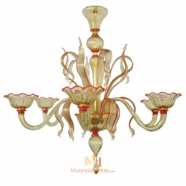 Italian Murano glass chandelier with six curved arms, amber glass, and fluted flower-shaped cups with red detailing on the edges.