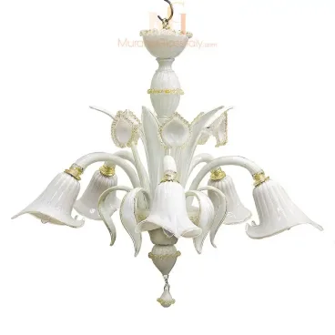 Italian Murano chandeliers in glossy white glass with floral-inspired arms and gold trim, showcasing elegant handcrafted details.