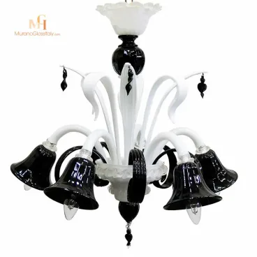 Italian Murano chandelier with black and white glass arms, bell-shaped shades, and sculpted floral details.