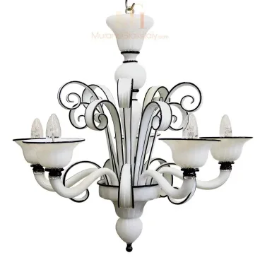 Modern Murano glass light fixture with white fluted arms, black trim, and elegant scroll details in a chandelier design.