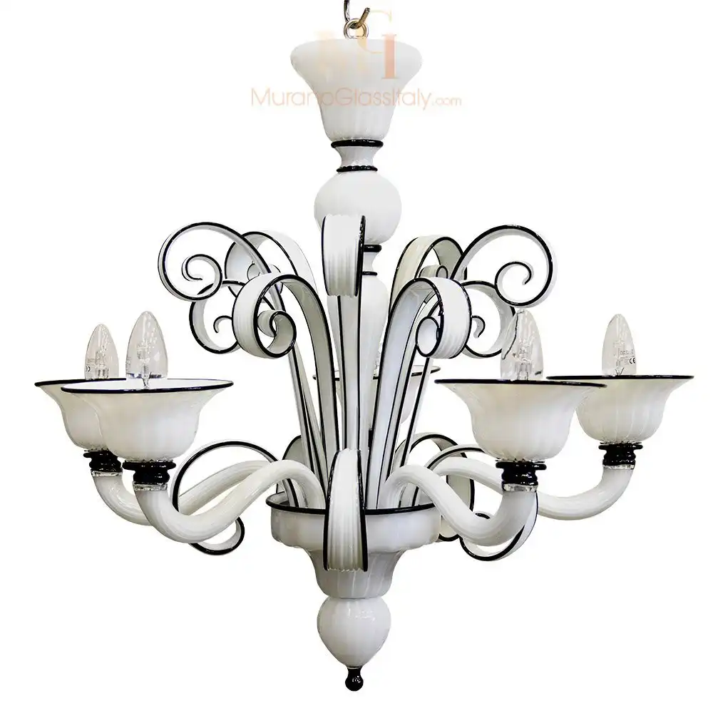 Cappuccino - Main Picture Modern Murano glass light fixture with white fluted arms, black trim, and elegant scroll details in a chandelier design.