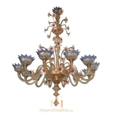 Art glass chandelier featuring intricate Murano craftsmanship with golden glass arms, blue glass shades, and delicate pink floral decorations.