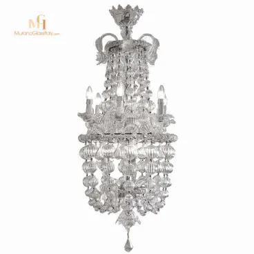 Luxury crystal chandelier featuring multiple tiers of hand-blown Murano glass elements, ornate clear crystal beads, and candle-style light bulbs arranged in an elegant cascading design.