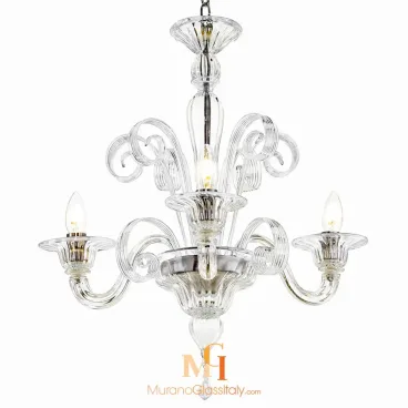 Modern Murano glass light in a chandelier design with clear fluted arms and elegant scroll details.