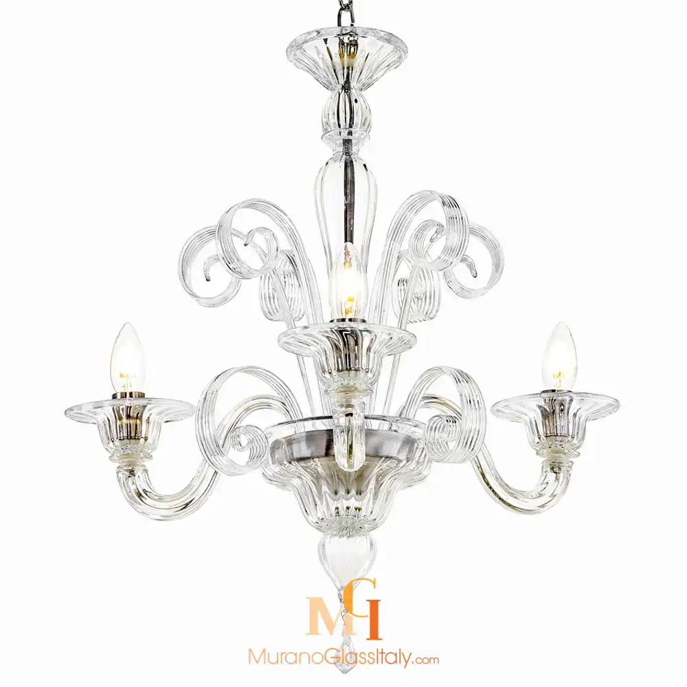 cappuccino-2 Modern Murano glass light in a chandelier design with clear fluted arms and elegant scroll details.
