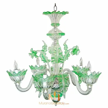 One of our Venetian chandeliers in Murano glass, featuring clear twisted arms, vibrant green leaves, floral accents, and petal-shaped light cups.