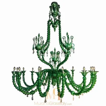 Modern Murano glass chandelier in vibrant green with multiple curved arms, intricate detailing, and elegant crystal accents.
