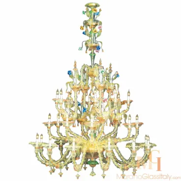 Murano Venetian chandelier featuring golden hand-blown glass, elaborate scroll arms, and vibrant multicolored floral decorations in a tiered design.