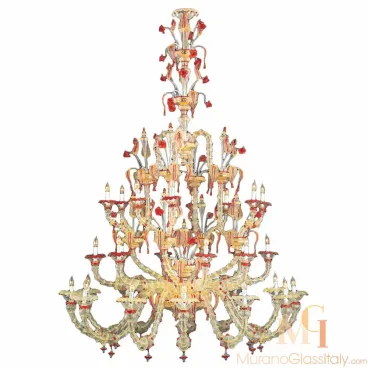 Grand Murano Venetian chandelier with intricate glasswork, golden arms, and vivid red floral accents, designed in a tall multi-tiered structure.