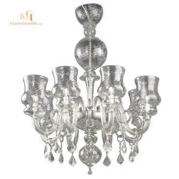 Modern glass Murano chandelier with textured curved arms, flared glass shades, and hanging crystal drop ornaments.