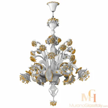 Murano glass chandelier crafted from white hand-blown glass with intricate amber floral accents and ornate leaf-shaped details.