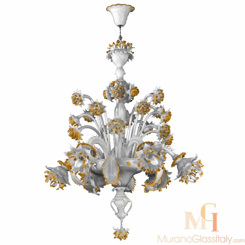 Corallo-amber4-for-upload Murano glass chandelier crafted from white hand-blown glass with intricate amber floral accents and ornate leaf-shaped details.