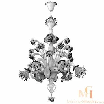 Murano glass chandelier in white hand-blown glass, featuring layered design with black floral accents and ornate leaf decorations.