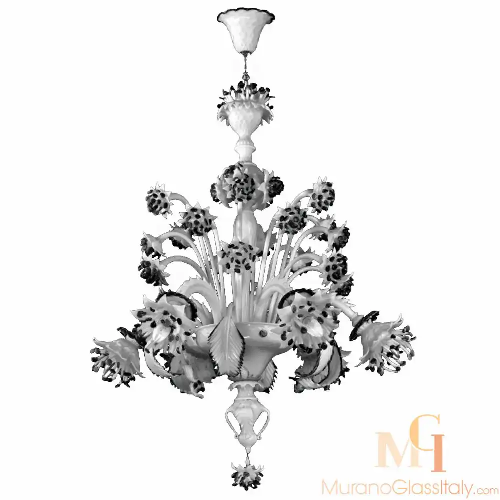 Corallo-black-for-upload Murano glass chandelier in white hand-blown glass, featuring layered design with black floral accents and ornate leaf decorations.