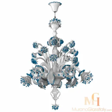 Murano glass chandelier in white hand-blown glass, featuring layered design with blue floral accents and ornate leaf decorations.