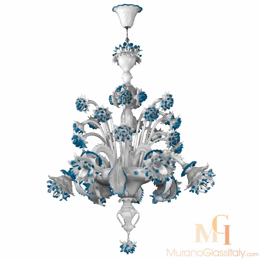 Corallo-blue-for-upload Murano glass chandelier in white hand-blown glass, featuring layered design with blue floral accents and ornate leaf decorations.