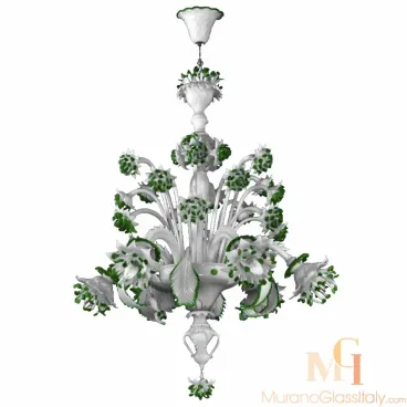 Murano glass chandelier in white hand-blown glass, featuring layered design with green floral accents and ornate leaf decorations.