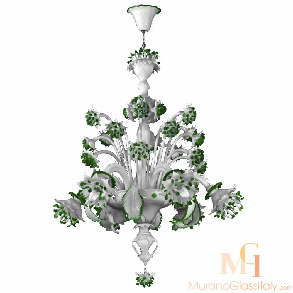 Corallo-green-for-upload Murano glass chandelier in white hand-blown glass, featuring layered design with green floral accents and ornate leaf decorations.