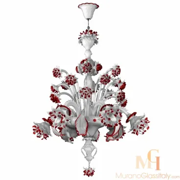Murano glass chandelier in white hand-blown glass, featuring layered design with red floral accents and ornate leaf decorations.
