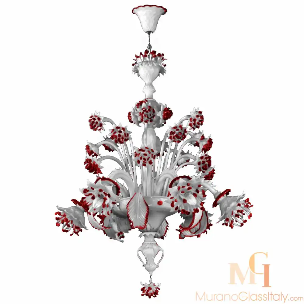 Corallo-red-for-upload Murano glass chandelier in white hand-blown glass, featuring layered design with red floral accents and ornate leaf decorations.