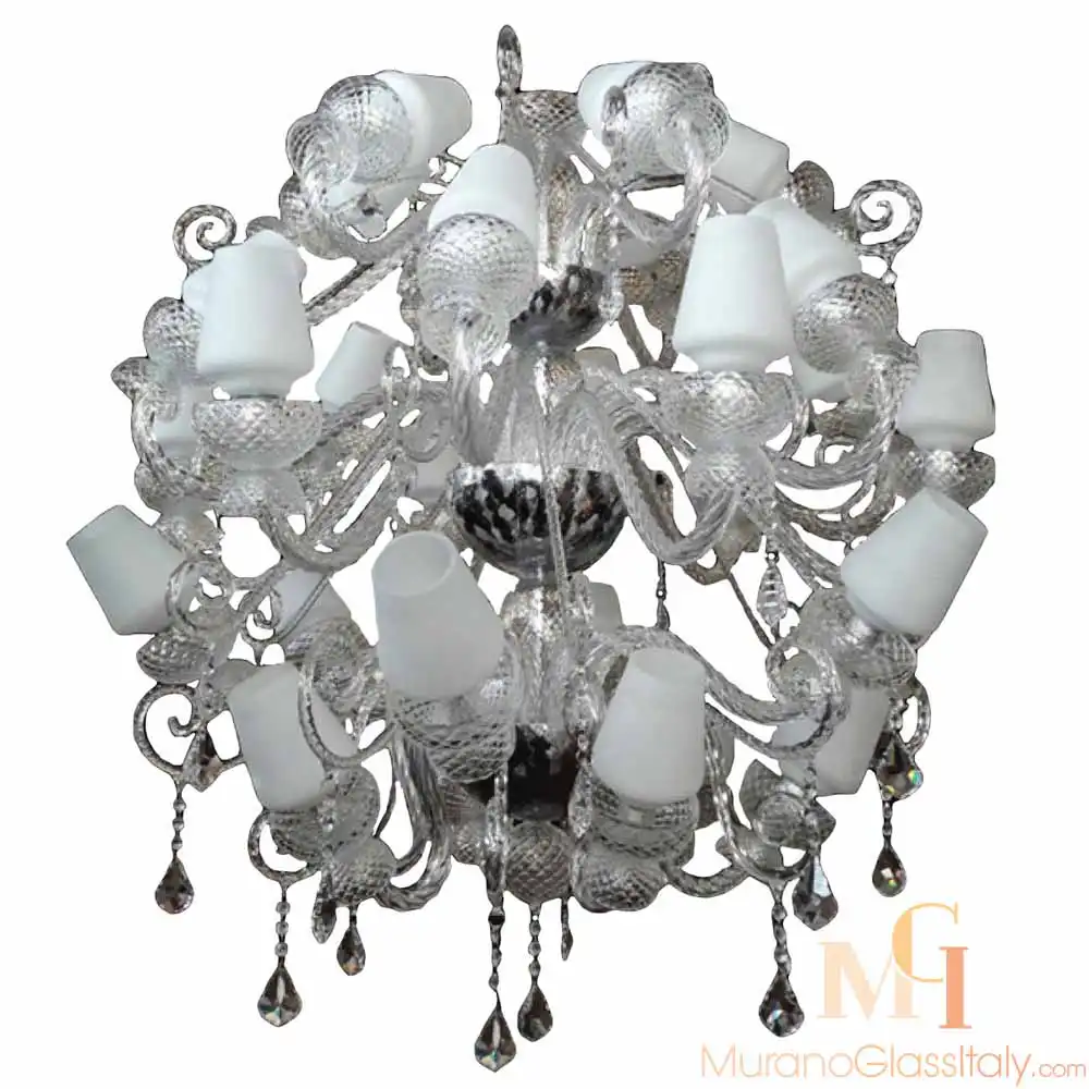 Crystal-for-upload Modern Italian chandelier made of clear Murano glass with intricate swirling arms and white glass lampshades, adorned with hanging crystal pendants.