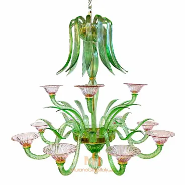 Colorful Murano glass chandelier featuring green swirling arms and pink fluted glass cups, inspired by natural floral shapes with an artistic, botanical design.