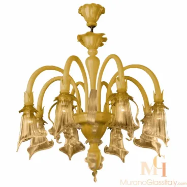 Venetian chandelier in translucent beige glass with arched downward arms, each ending in a flared, bell-shaped floral light holder.