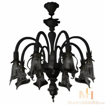 Venetian chandelier in translucent black glass with arched downward arms, each ending in a flared, bell-shaped floral light holder.