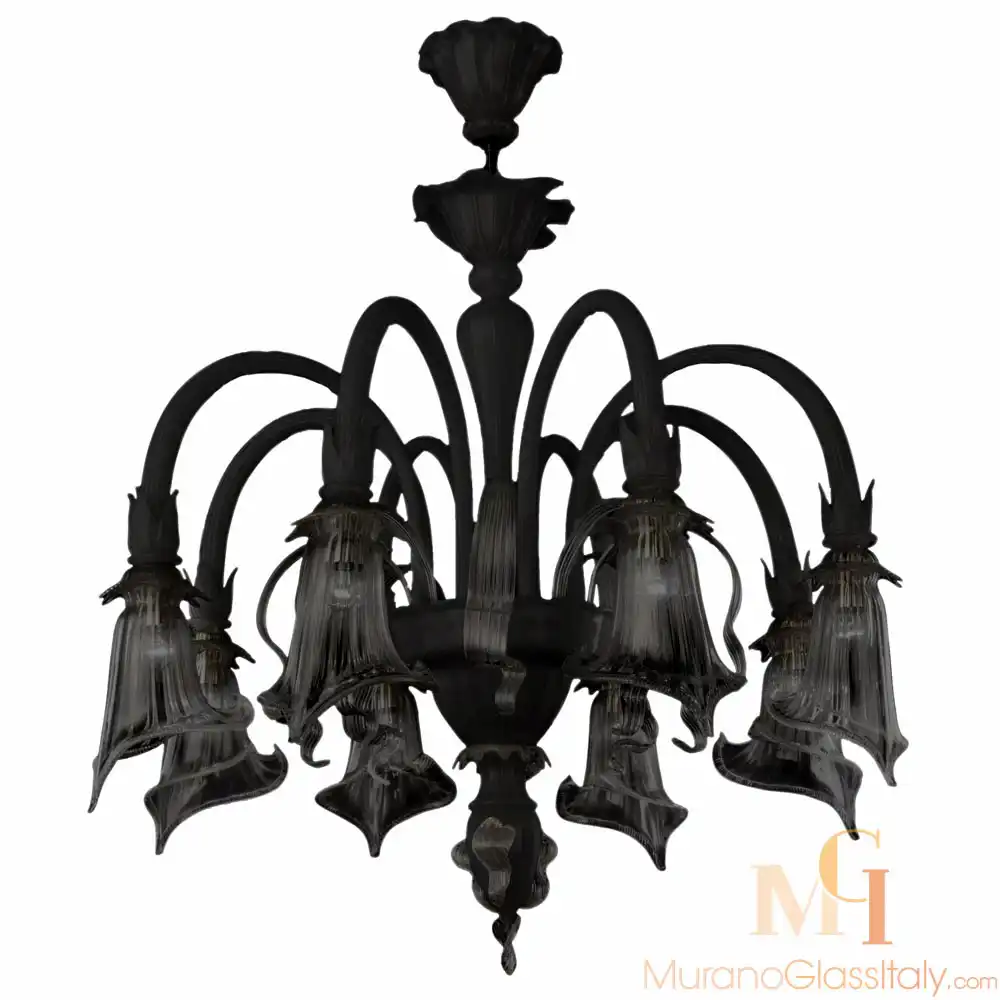 Liside-black-for-upload Venetian chandelier in translucent black glass with arched downward arms, each ending in a flared, bell-shaped floral light holder.