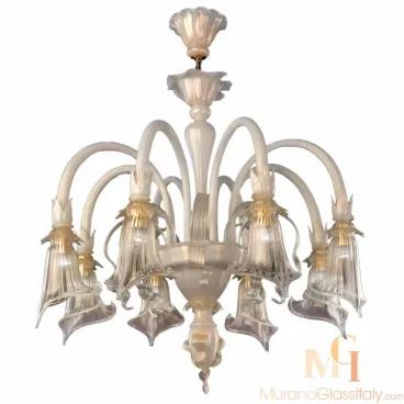 Venetian chandelier in translucent white glass with arched downward arms, each ending in a flared, bell-shaped floral light holder.
