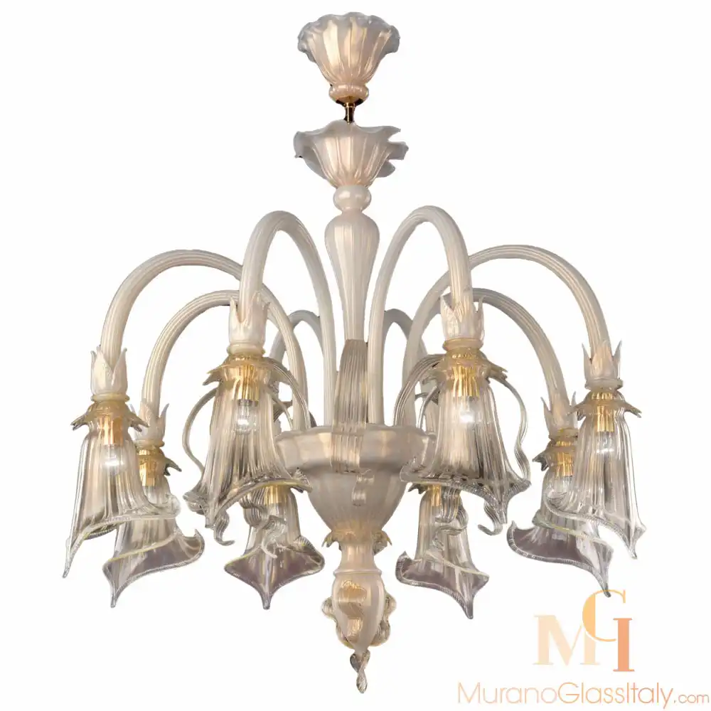 Liside2-for-upload Venetian chandelier in translucent white glass with arched downward arms, each ending in a flared, bell-shaped floral light holder.