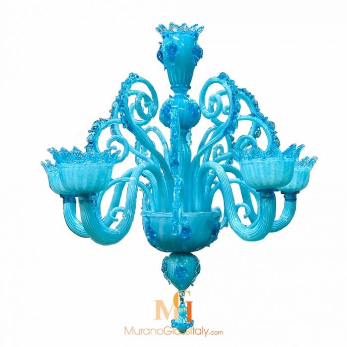 Venetian light chandelier in glossy blue glass with matching accents, featuring curved upward arms and floral-edged cups.