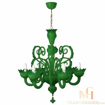 Venetian light chandelier in glossy green glass with matching decorative elements, featuring curved upward arms and floral-edged cups.