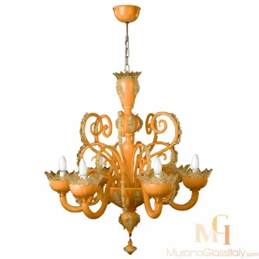 Venetian light chandelier in glossy orange glass with beige accents, featuring six curved arms and floral-edged cups.