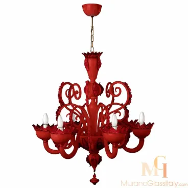 Venetian light chandelier in glossy red glass with beige decorative accents, featuring six curved arms and floral-edged cups.