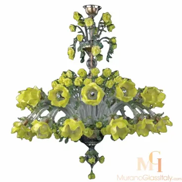 Stunning Murano glass chandelier featuring vibrant yellow handcrafted glass flowers with green leaf accents, arranged in an elaborate floral design to create an elegant and luxurious centerpiece.